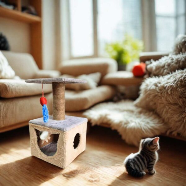 2 Purrly Kitten Cat Tower Condo for Kittens – 24" Tall Plywood Tree with Jute Scratching Pole & Faux Fur