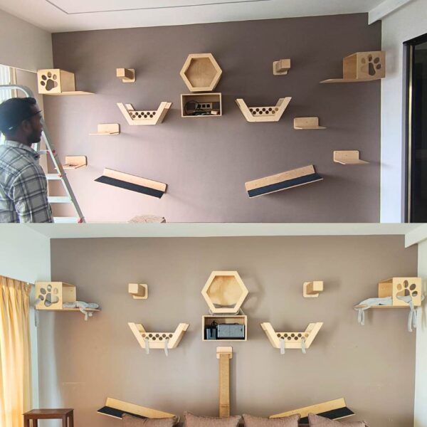 Hexagon Wall Mount Cat Box – Modern Cat Wall Shelf in Birch Plywood (Beige, Dark Brown, or Black)