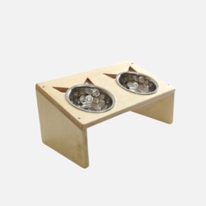 ErgoFeed Slanted Double Steel Bowl Raised Feeder for Cats Plywood Stand (450ml x 2 Bowls)