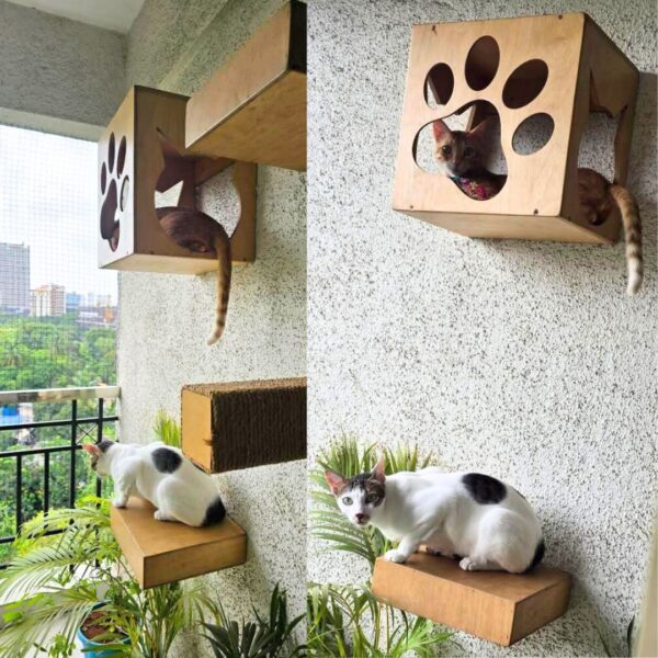 3 Cat Box Wall Mount with Paw Window – Elevated Birdwatching Perch for Cats (14"x14"x12")