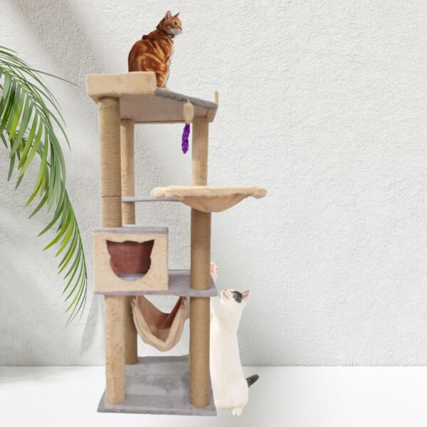 Lola’s Condo 5ft Cat Tower with Hammock, Scratching Poles & Top Basket – Multi-Level Tree for 1–3 Cats