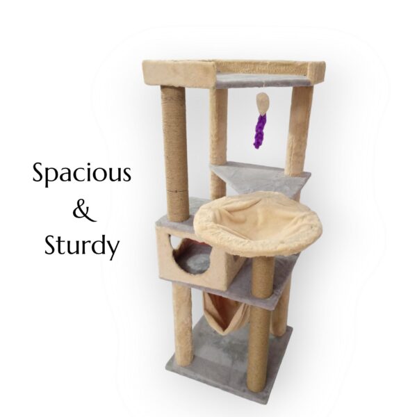 Lola’s Condo 5ft Cat Tower with Hammock, Scratching Poles & Top Basket – Multi-Level Tree for 1–3 Cats