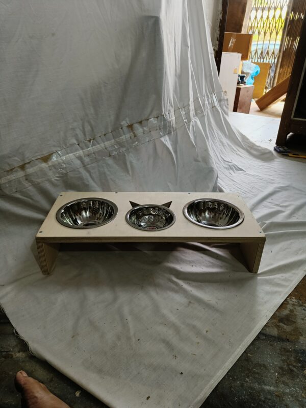 ErgoFeed Triple Bowl Raised Feeder Birch Plywood Stand with 2 Medium & 1 Small Steel Bowl (Elevated 4-5 Inches)