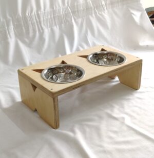 Purrly Double Steel Bowl Raised Feeder for Cats Plywood Stand (450ml x 2 Bowls)