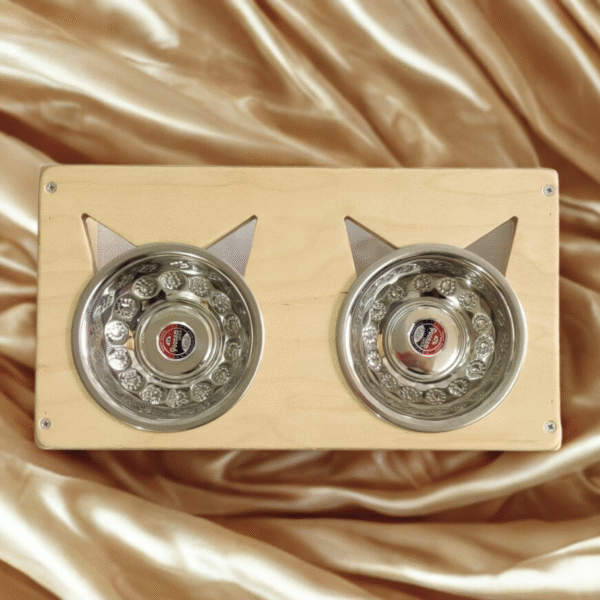 straight double feeder beige backg 1 Purrly Double Steel Bowl Raised Feeder for Cats Plywood Stand (450ml x 2 Bowls)