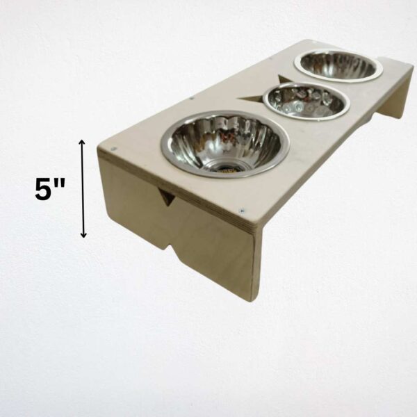 ErgoFeed Triple Bowl Raised Feeder Birch Plywood Stand with 2 Medium & 1 Small Steel Bowl (Elevated 4-5 Inches)