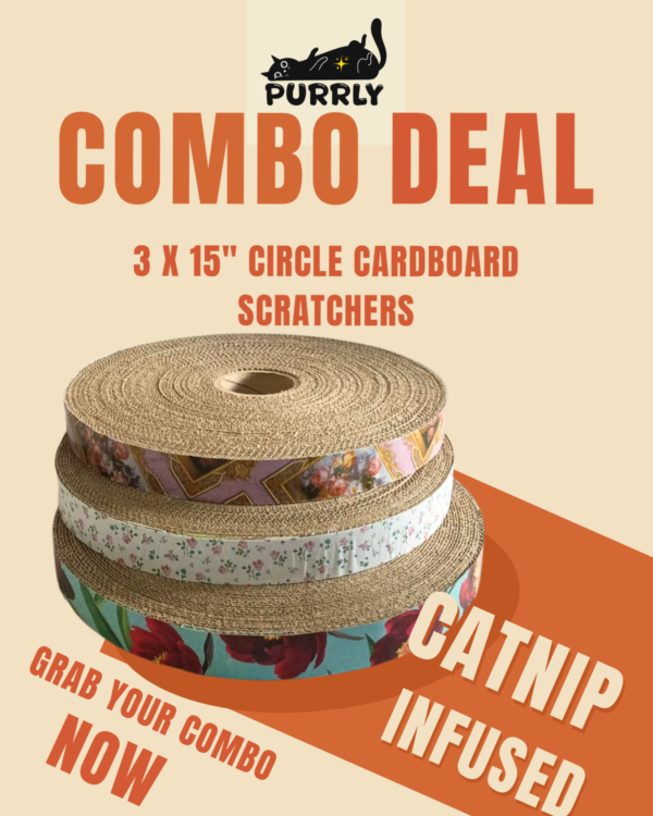 1 COMBO pack Purrly Circle Cardboard Cat Scratcher – Set of 3 | Dual-Sided | 15″ Diameter | Save More